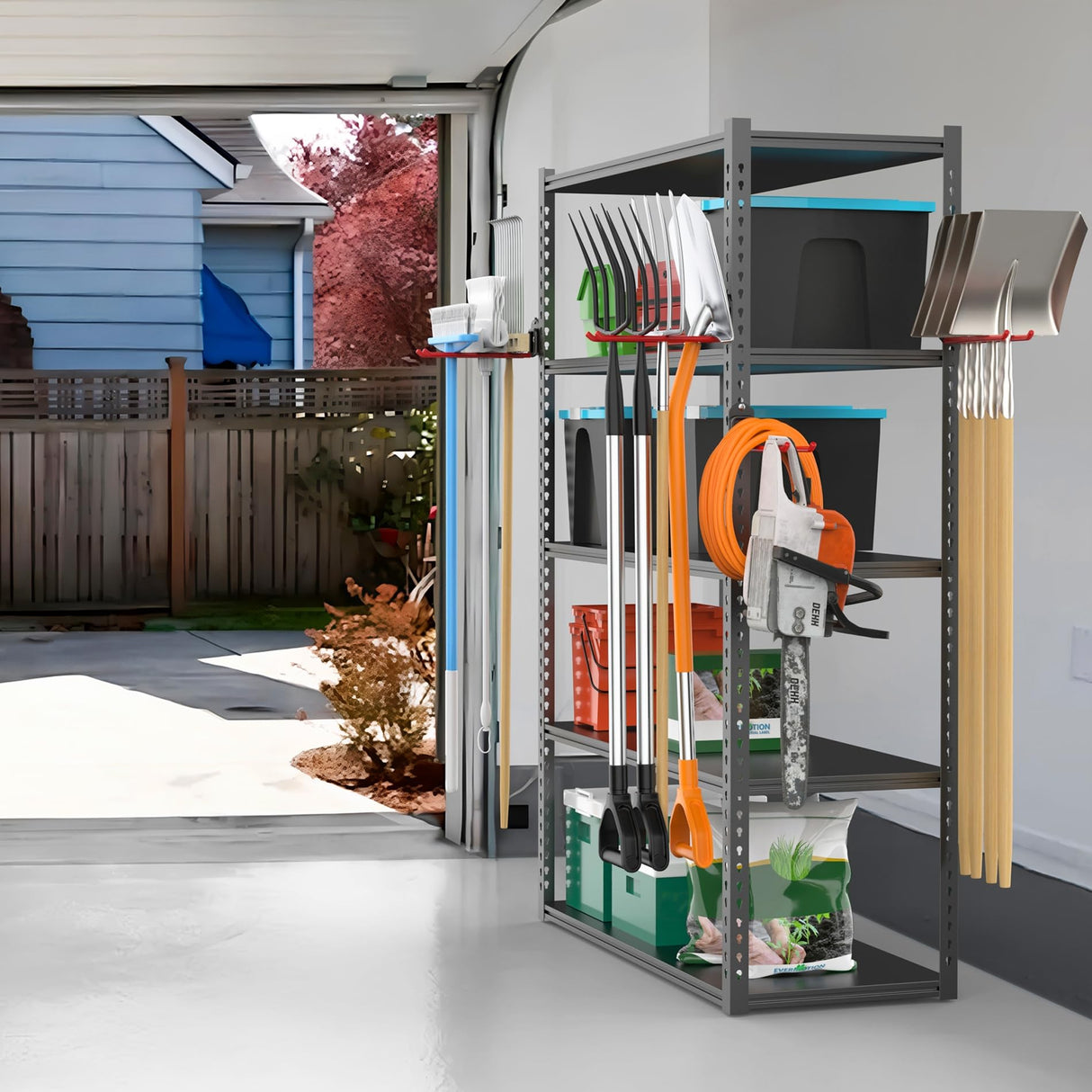 TORACK Garden Tool Organizer Wall Mount, Garage Folding Chair Storage Rack, Tools Rack for Shovels, Rakes, Broom, Ladders, Hooks for Keyhole Style Shelving Unit TORACK