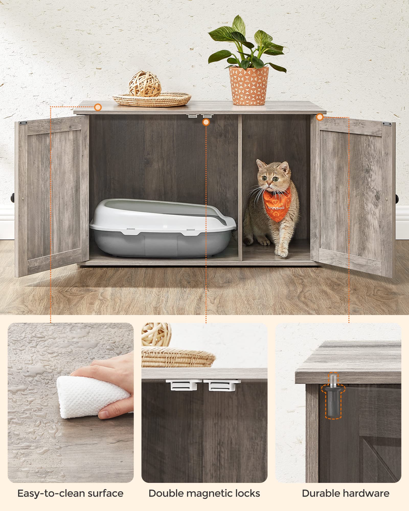 Feandrea Cat Litter Box Enclosure, Litter Box Furniture Hidden with Removable Divider, Indoor Cat House, End Table, 31.5 x 20.9 x 19.7 Inches, Greige UPCL002G01 - WoodArtSupply