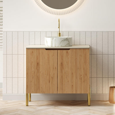 30" Bathroom Vanity with Sink, Modern Bathroom Vanities with 2 Soft-Closing Doors, Freestanding Bathroom Cabinet W/Ceramic Basin & Travertine-Pattern Sintered Stone Counter Top-Colmar, Natural Wood/R