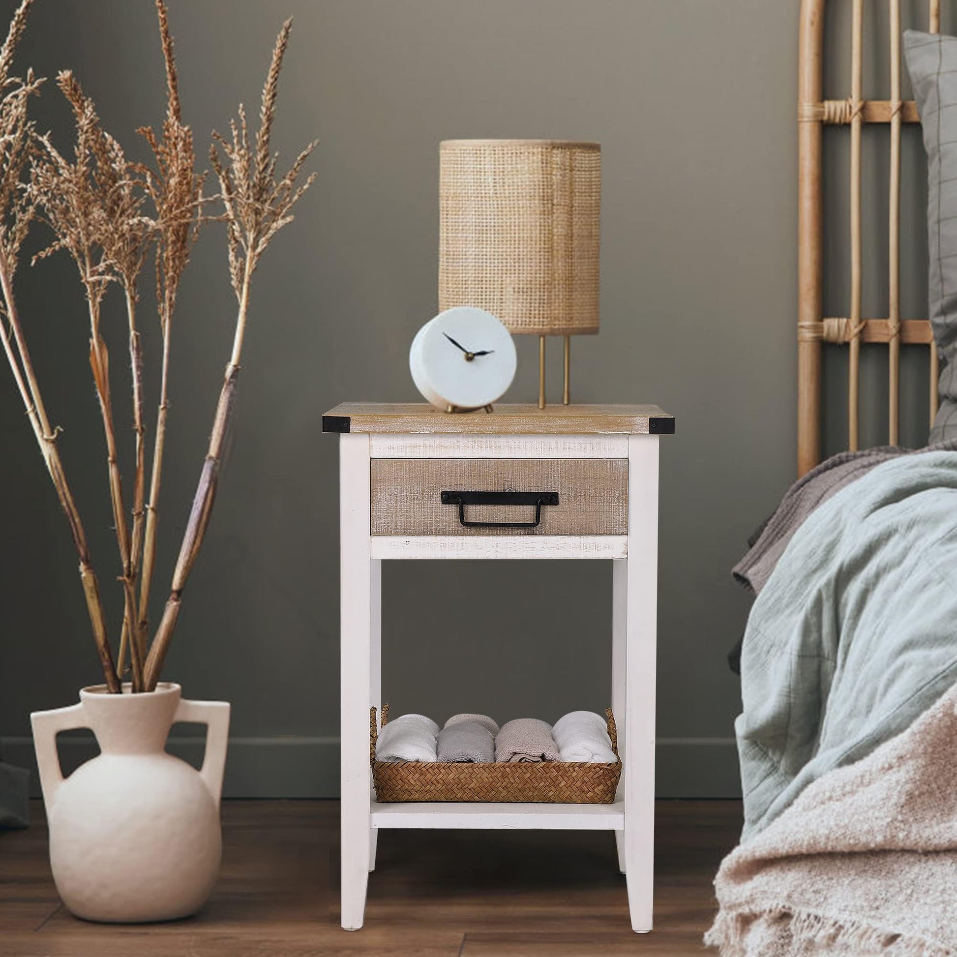 RUSTOWN Farmhouse Bedside Table Set of 2, Rustic Nightstand with Drawers and Open Shelf, Side Table End Tables for Bedroom/Living Room/Lounge (Vintage White) - WoodArtSupply