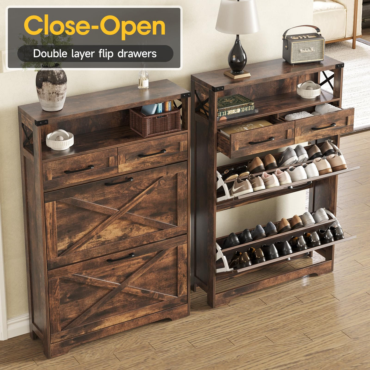 Maupvit Shoe Storage Cabinet, Farmhouse Shoe Cabinet with 2 Flip Drawers & 2 Drawers, Entryway Shoe Storage Cabinet with Doors, Narrow Shoe Cabinet for Front Door Entrance, Rustic Brown Maupvit