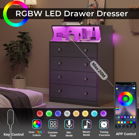 Hasuit Black Dresser with Charging Station, 4 Drawers LED Dresser for Bedroom, Chest of Drawers with Open Space, Large Capacity Tall Storage Cabinet, Black Dresser for Bedroom Hasuit