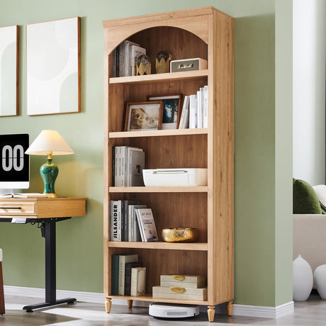 IFGET 76" Tall Arched Bookcase, Farmhouse 5 Tiers Large Arched Bookshelf Cabinet with Adjustable Shelves, Modern Wooden Book Shelf w/Storage and Open Display Shelves for Living Room, Office-Natural IFGET