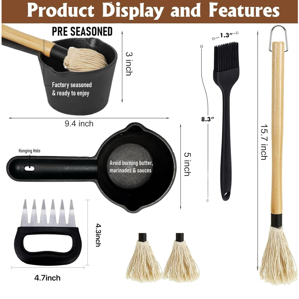 BBQ Mop Brush and Cast Iron Basting Pot - Grilling Tool Set with Basting Brush an Meat Shredder Claws for Meat Smoker, Grill and Stove(8pcs) ZQDFLME