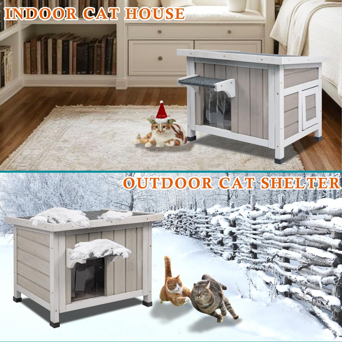 Ketive Insulated Cat House Outdoor Cat Shelter for Feral Cats in Winter,All-Round Foam Insulation Weatherproof Wooden Cat Houses for Cats Rabbits and Small Animals with Escape Door Open Roof