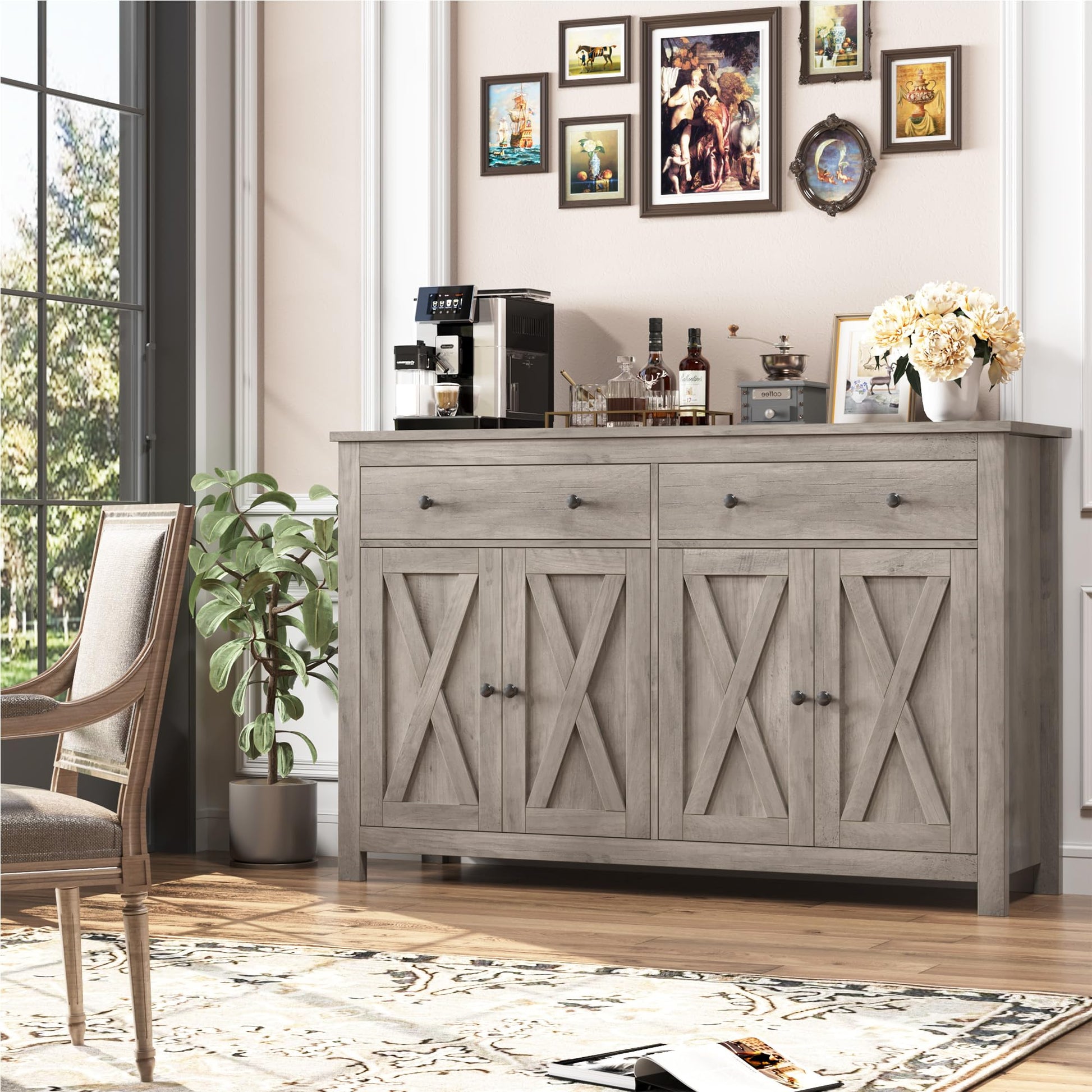 FOTOSOK Sideboard Buffet Cabinet with Storage, 55" Large Kitchen Storage Cabinet with 2 Drawers and 4 Doors, Wood Coffee Bar Cabinet Buffet Table for Kitchen Dining Room, Ash Grey - WoodArtSupply