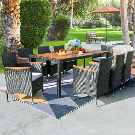 Flamaker 9 Piece Patio Dining Set Outdoor Acacia Wood Table and Chairs with Soft Cushions Wicker Patio Furniture for Deck, Backyard, Garden Flamaker