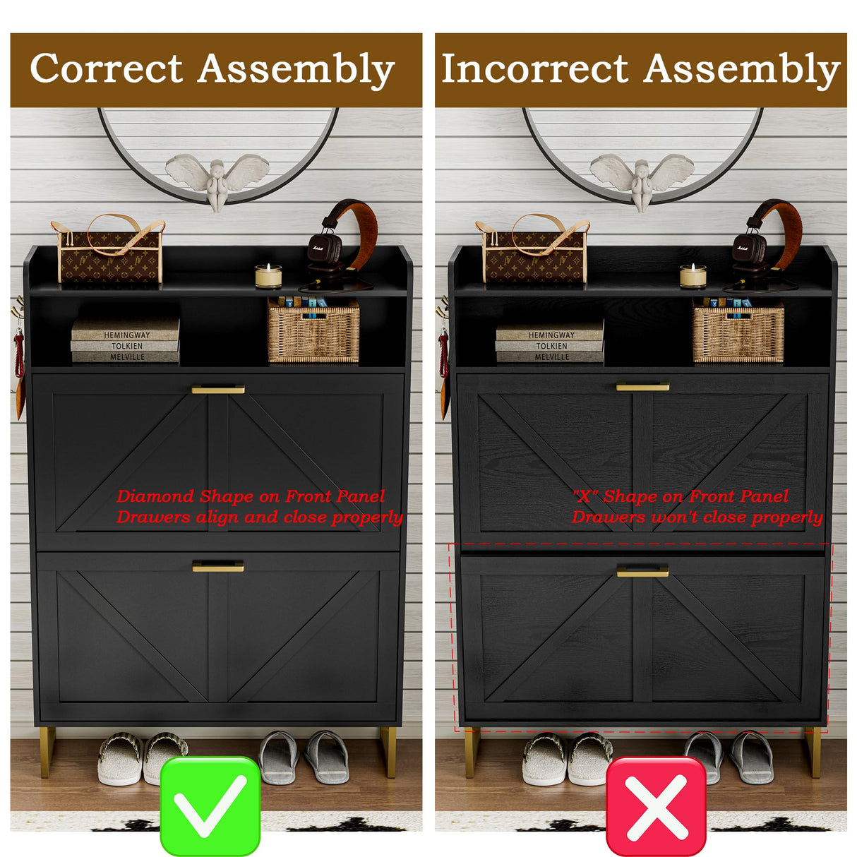 BORNOON Shoe Cabinet with 2 Flip Drawers Narrow Shoe Storage Cabinet Organizer Wooden Freestanding Rack Hidden Slim Storage for Entryway, Hallway, Living Room, Bedroom (Black) BORNOON