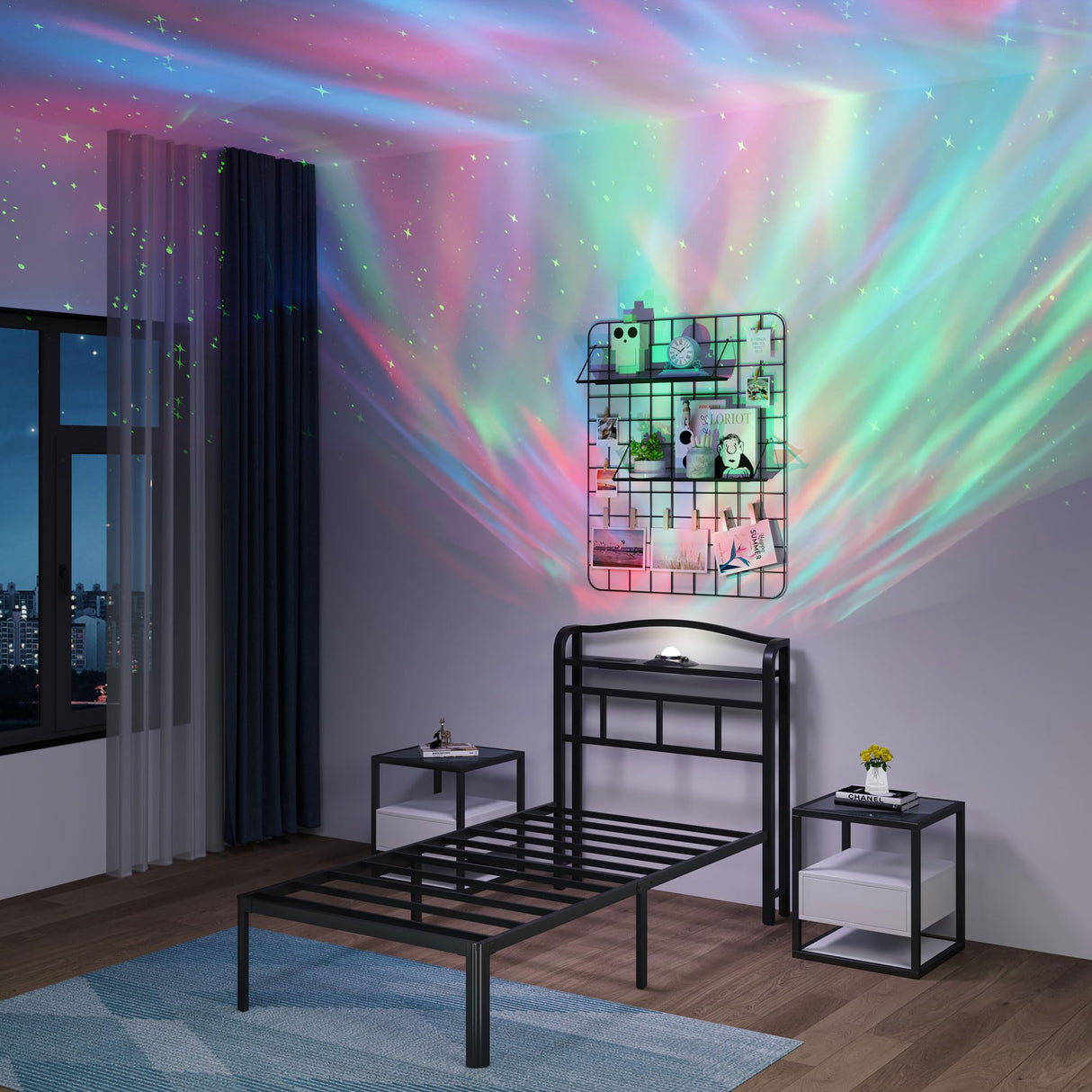 SHOANED Twin Size Metal Bed Frame - 14 Inch Heavy Duty Bedframe with Headboard & Charging Station Basic Steel Slats Platform with Galaxy Aurora Projector No Box Spring Needed, Noise-Free SHOANED