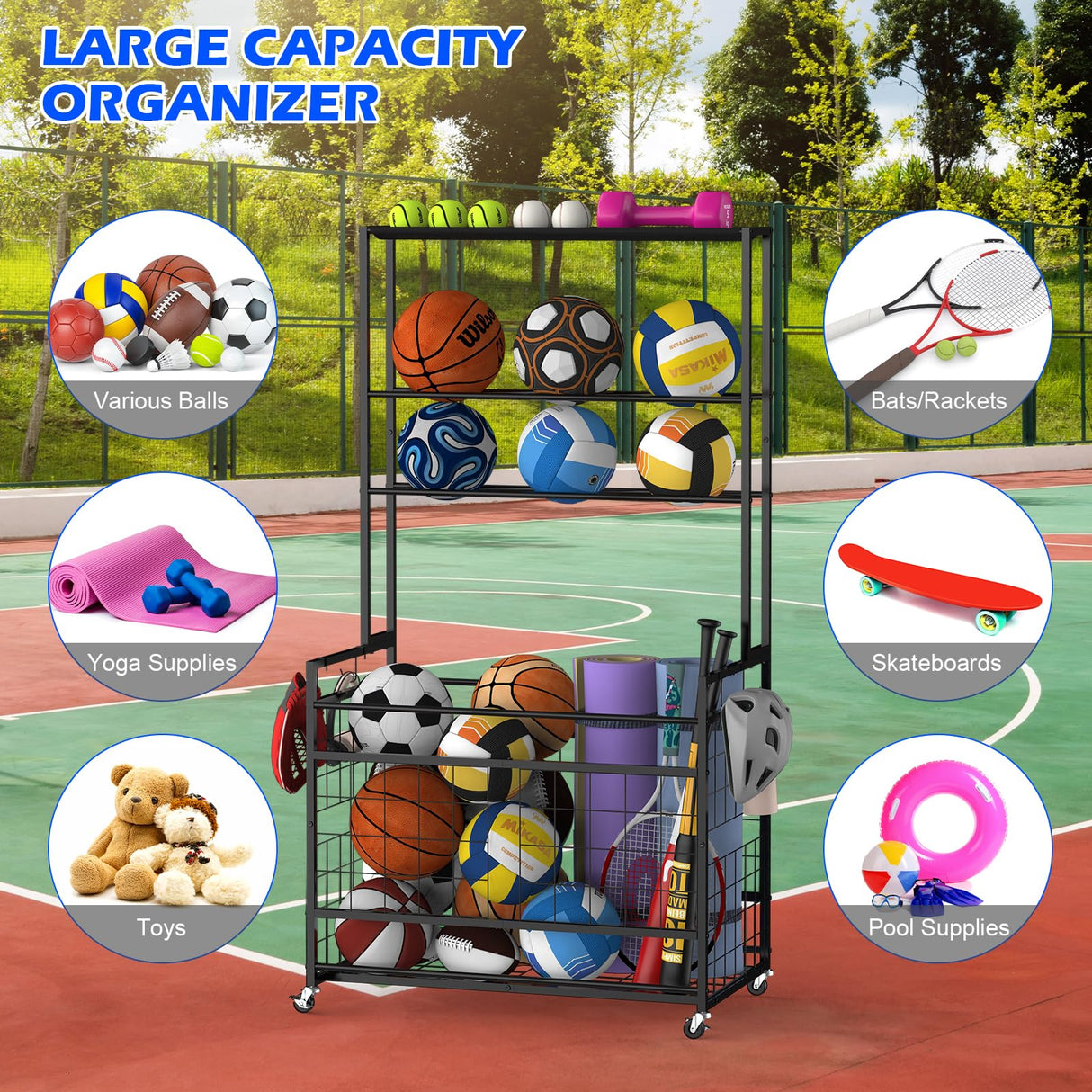 Luplom Sports Equipment Organizer Garage Ball Storage Rack for Sports Gear and Toys, Basketball Holder Stand with Basket and Hooks Rolling Ball Carts with Wheels for Indoor/Outdoor Use, Black Luplom