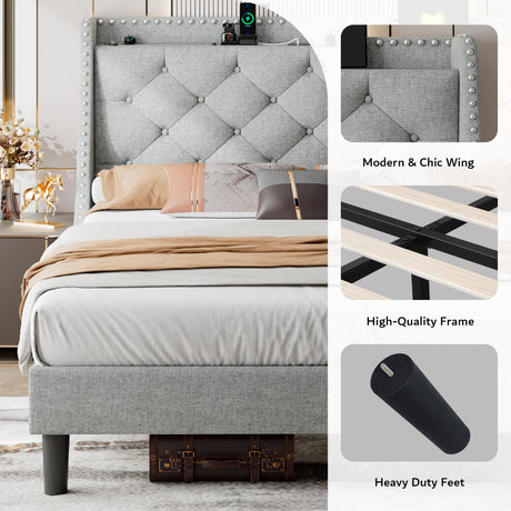 iPormis Deluxe Wingback King Bed Frame with USB Charging Ports & Storage Headboard in Light Grey iPormis