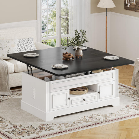 Itaar Farmhouse Lift Top Coffee Table with Power Outlets, Multi-Function Coffee Tables with Storage and Hidden Compartment,Converts to Dining Table for Living Room, Home Office, Black Top Itaar