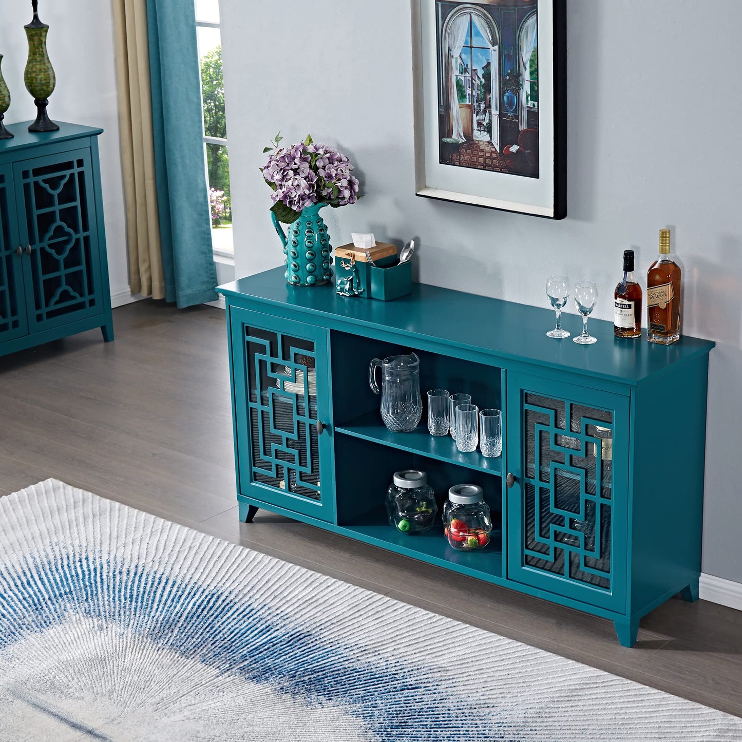 Daxue 60”W Blue Console Table Sofa Table Wood Sideboard with Adjustable Shelves and Doors, Accent Table for Entryway Living Room Hallway Kitchen Storage Cabinets, TV Stand for 75 inch tv, Teal Finish