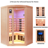 KUNSANA Ceramic Infrared Sauna 2-3 Person Infrared Saunas for Home Low EMF Indoor Home Sauna Spa Hemlock Wooden Corner Sauna Room with Bluetooth Speakers, LED Reading Lamps, Chromotherapy Lights KUNSANA