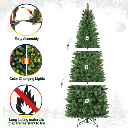 Hykolity 7.5 ft Prelit Pencil Slim Christmas Tree with 300 Color Changing LED Lights, 792 Branch Tips, Metal Stand and Hinged Branches, 10 Color Modes