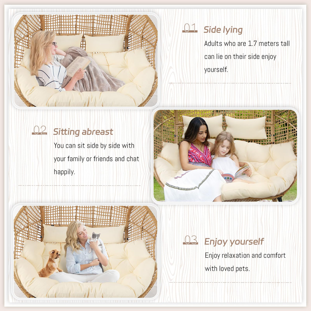 BULEXYARD Double Egg Chair Indoor Outdoor 680lbs, 2 Person Brown Wicker Oversized Stationary Egg Chair with Beige Thick Cushion, Patio Wide Lounge Loveseat with Legs for Balcony, Porch BULEXYARD