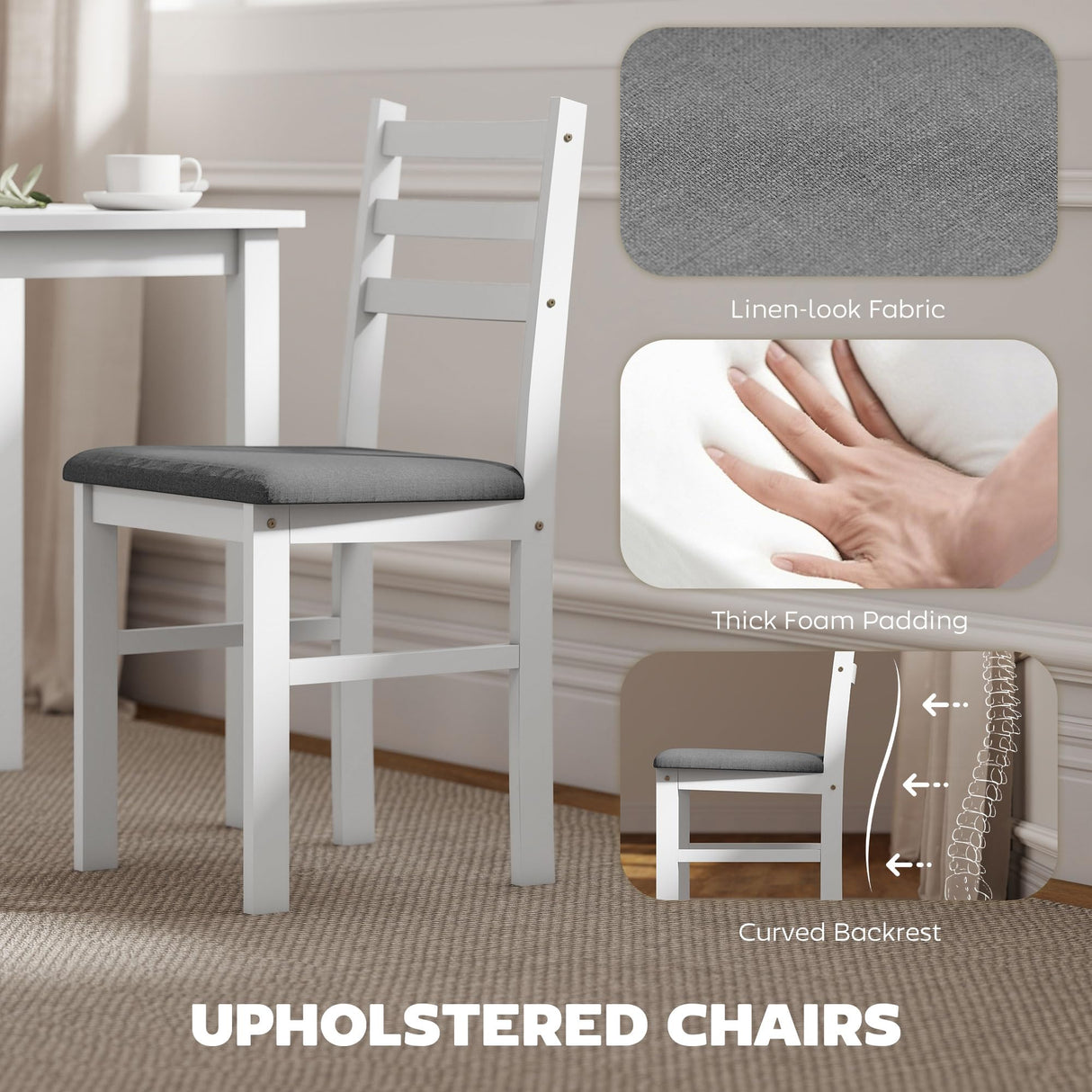 HOMCOM 5-Piece Dining Table Set for 4 with Solid Wood Frame, Farmhouse Kitchen Table Set with 4 Upholstered Padded Chairs for Small Space, Dining Room, Breakfast Nook, Pure White HOMCOM