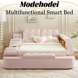 Modehodei Luxury King Size Bed Frame, Modern Multifunctional Bed with Massage Recliner | Bluetooth Speaker | USB Charging Station | Adjustable Headboard, PU Leather Fabric, Bedroom Furniture, Pink Modehodei