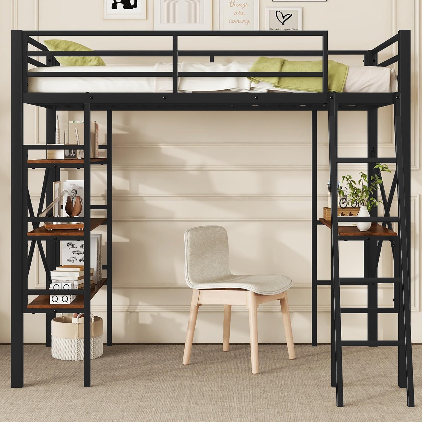 Metal Loft Bed Twin Size, Twin Loft Bed with Desk and Storage Shelves, Twin Size Loft Bed with Guardrail and Ladder, Heavy Duty Loft Bed for Kids, Teens (Twin Black)