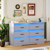 Grey Dresser for Bedroom with LED Light, 6 Drawer Large Chest of Drawers, Modern Dresser with Charging Station, Wood Bedroom Dresser for Closet/Living Room/Hallway Dystler