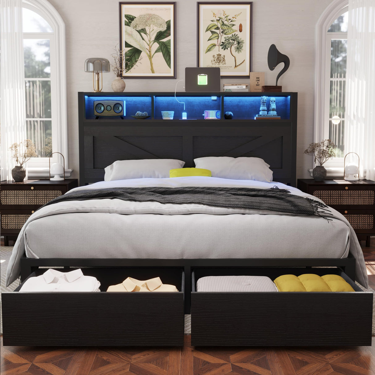 Farmhouse Full Bed Frame with Bookcase Headboard and Storage Drawers, LED Lights and Charging Station, No Box Spring Needed, Noise Free, Black Fastroby