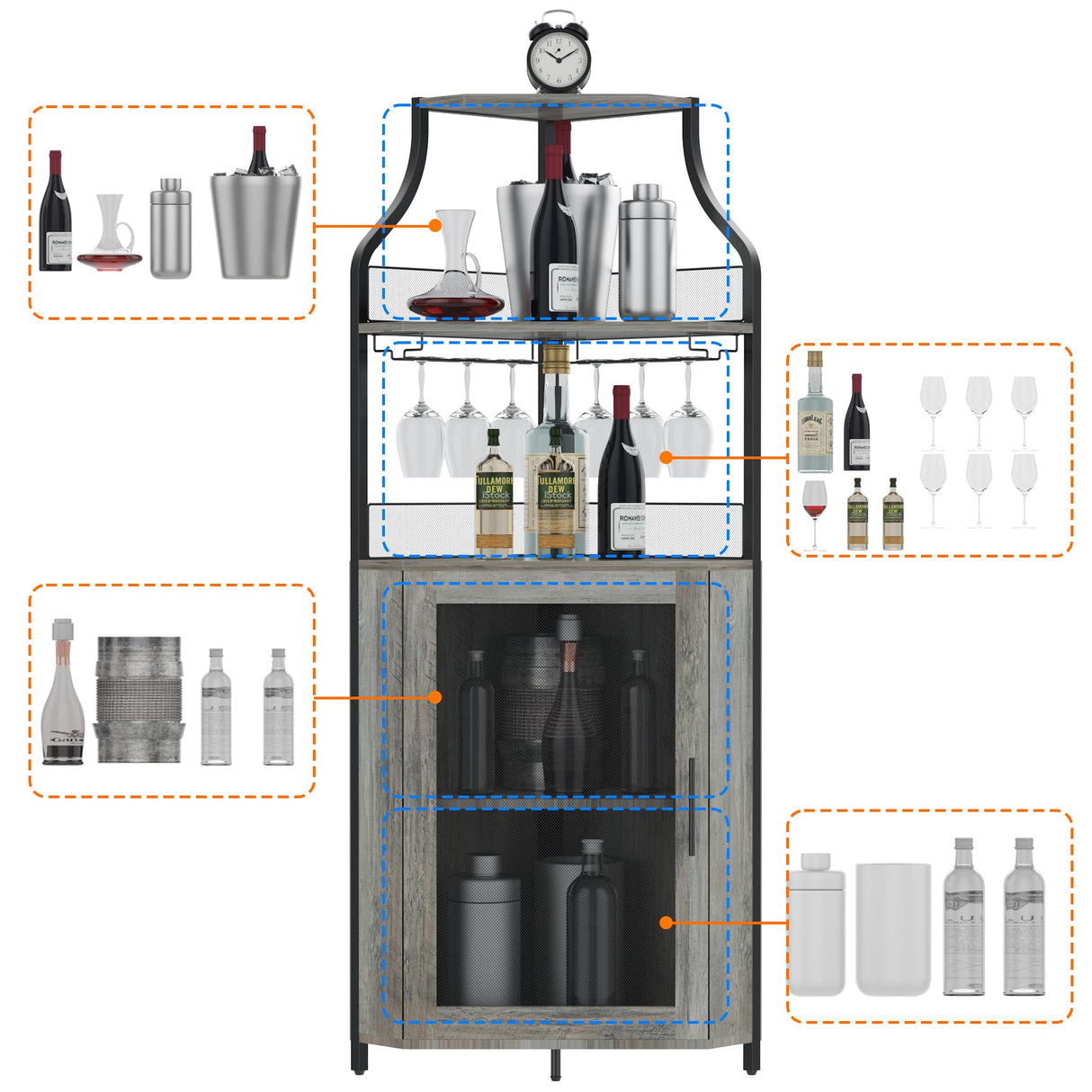 Amyove Corner Wine Bar Rack Cabinet with Detachable Wine Rack, Bar Cabinet with Glass Holder, Small Sideboard and Buffet Cabinet with Mesh Door Amyove