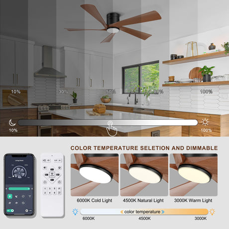 Ohniyou 52” Flush Mount Farmhouse Ceiling Fan with Lights, Remote & APP Control Low Profile Indoor Outdoor Ceiling Fans, Dimmable, Quiet DC Motor, Reversible, Black+Wood Ohniyou