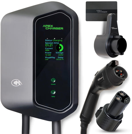 MACH 1: Fast 48 Amp Level 2 EV Charger, Wall-Mount Electric Vehicle Charging Station, 200-240V Hardwire or NEMA 14-50. J1772 car Connector & Tesla NACS, Indoor/Outdoor, 30ft Cable evse Adapter ApexCharger