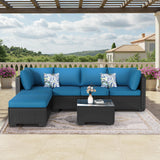 U-MAX 7 Piece Outdoor Patio Furniture Set with 30 Inch Fire Pit Table, PE Rattan Wicker Sofa Set, Outdoor Sectional Furniture Set with Cushions and Tea Table, Black Rattan and Peacock Blue Cushion U-MAX