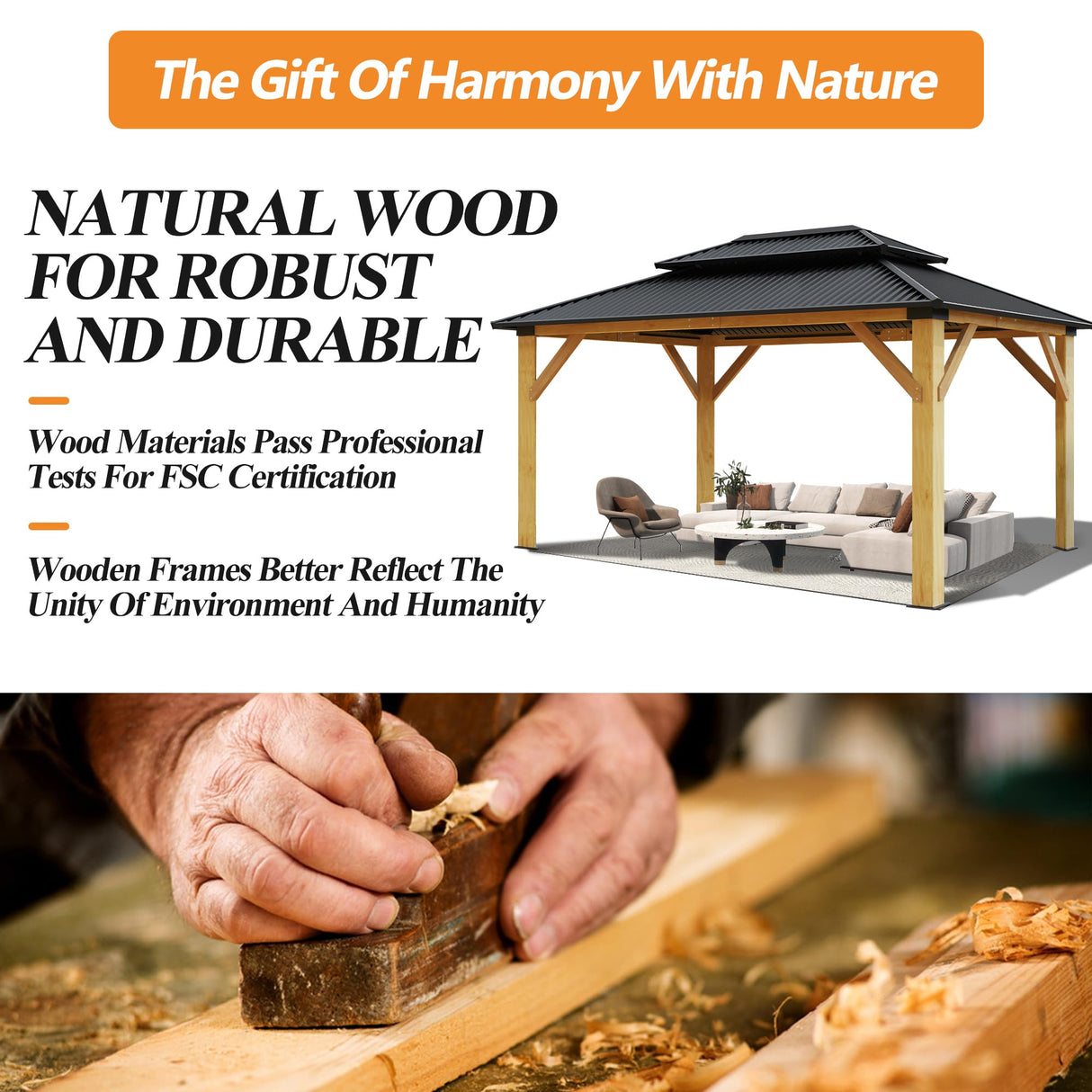 GARTOO 11’x13’ Outdoor Wooden Gazebo - Patio Galvanized Steel Gazebo with Double Vented Roof, Heavy-Duty Cedar Wooden Gazebo for Garden, Lawn, Poolside, Backyard Deck GARTOO