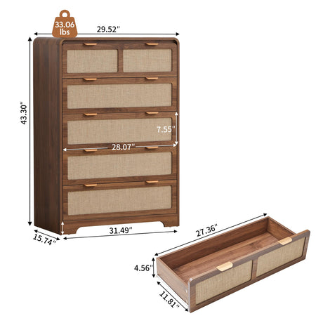 RUSTYER 43" Tall Dresser for Bedroom, 5 Drawer Mid Century Modern Dresser with Natural Linen, Curved Wood Chest of Drawers Closet Clothes Storage Organizer for Living Room, Hallway (Walnut) RUSTYER