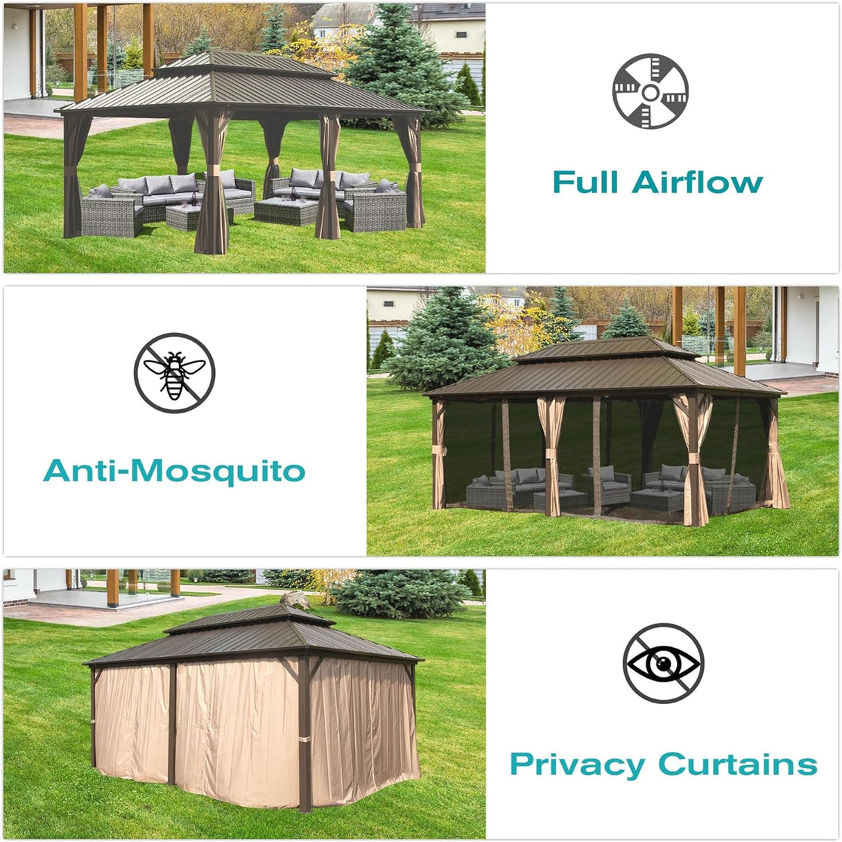 12x18ft Gazebo, Aluminum Metal Hardtop Gazebo with Galvanized Steel Double Roof, Netting and Curtain, Permanent Gazebo Pavilion for Outdoor Backyard Patio Lawn AKDSteel