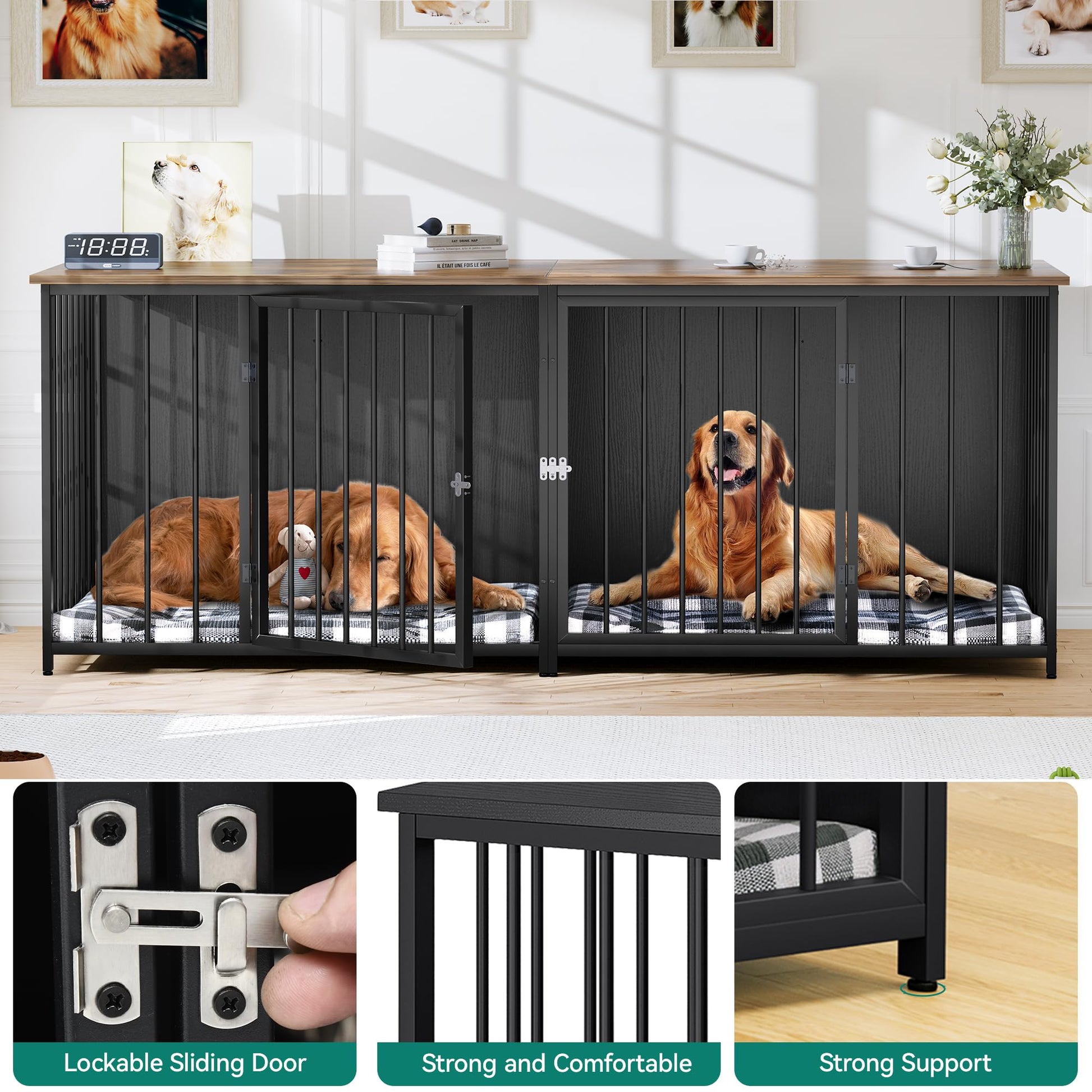 YITAHOME Double Dog Crate Furniture, 80.2 inch Large Breed Dog Kennel with Divider, Heavy Duty Dog House TV Stand Indoor for 2 Medium Dogs, Black - WoodArtSupply