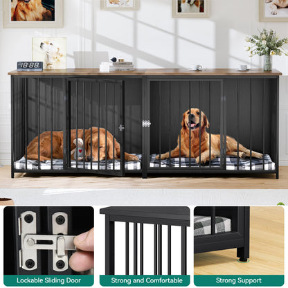 YITAHOME Double Dog Crate Furniture, 80.2 inch Large Breed Dog Kennel with Divider, Heavy Duty Dog House TV Stand Indoor for 2 Medium Dogs, Black - WoodArtSupply