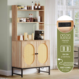 YITAHOME Bakers Rack with Storage and Power Outlet, 5 Tiers Woven Rattan Kitchen Microwave Stand Cabinet, Farmhouse Coffee Bar Station with Hutch Shelves, Oak YITAHOME