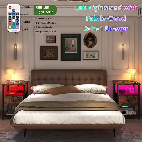 HDDDZSW LED Nightstands Set of 2 with Charging Station, Bedside Tables with USB Ports and Outlets, End Table with Fabric-Wood 2-in-1 Drawer for Small Spaces, Vintage Side Table for Bedroom,Living Room HDDDZSW