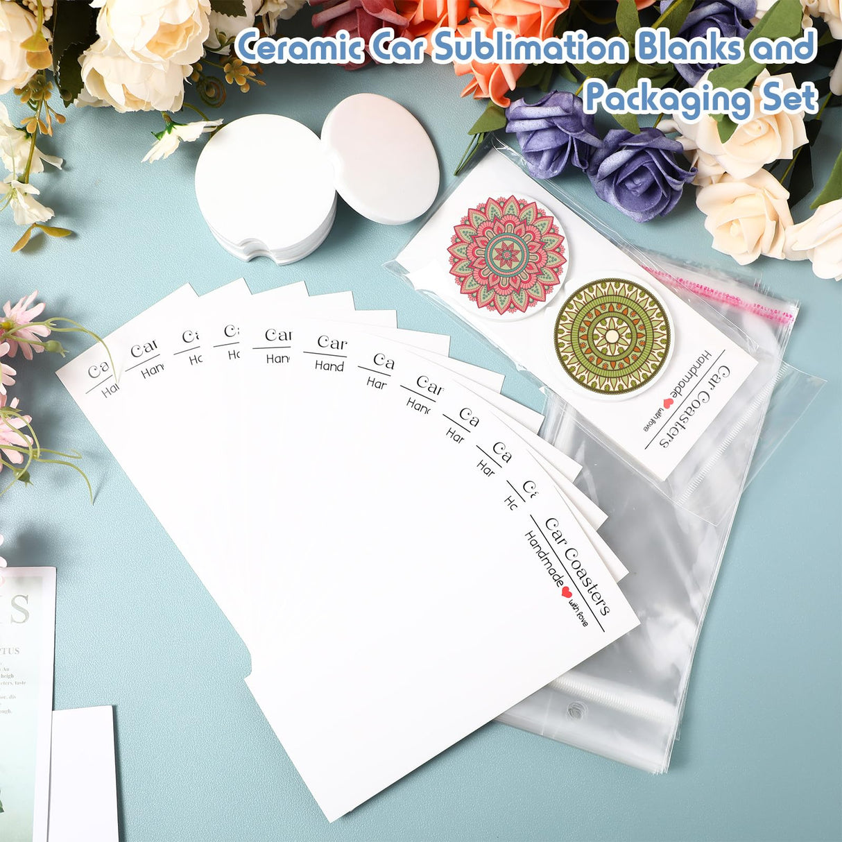 Zhehao 136 Pcs Ceramic Car Coasters with Bags and Cards 2.64'' Sublimation Coasters Blanks Ceramic Car Cup Holder Coasters with A Finger Notch for Easy Removal Car Coaster Packaging for Selling Zhehao