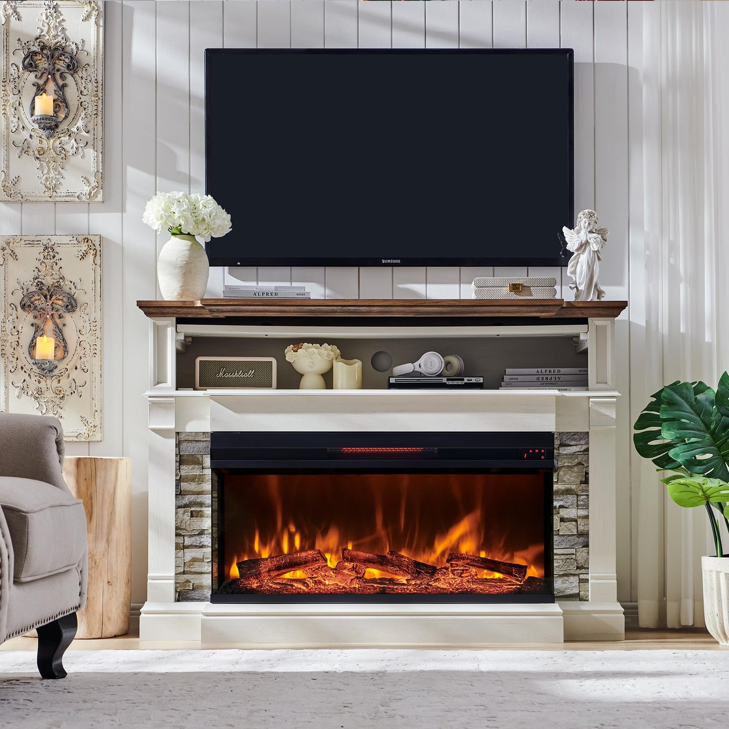 OKD 52" Electric Fireplace with Mantel, Freestanding Fireplace Heater TV Stand with 36" 3-Side Glass Insert for TVs Up to 65" with Storage Cabinet for Living Room, Antique White