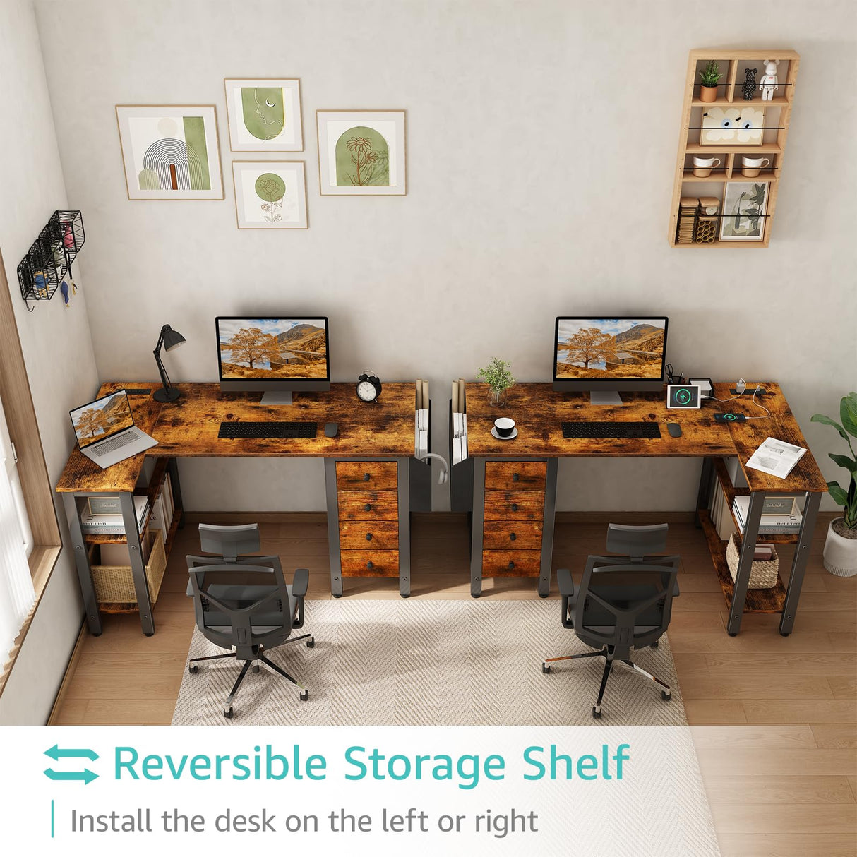 Lufeiya L Shaped Desk with Drawers & Storage Shelves, 47 Inch Corner Computer Desk with Power Outlet for Home Office Bedroom, L-Shaped Gaming PC Desks with Fabric Drawer, Rustic Brown Lufeiya