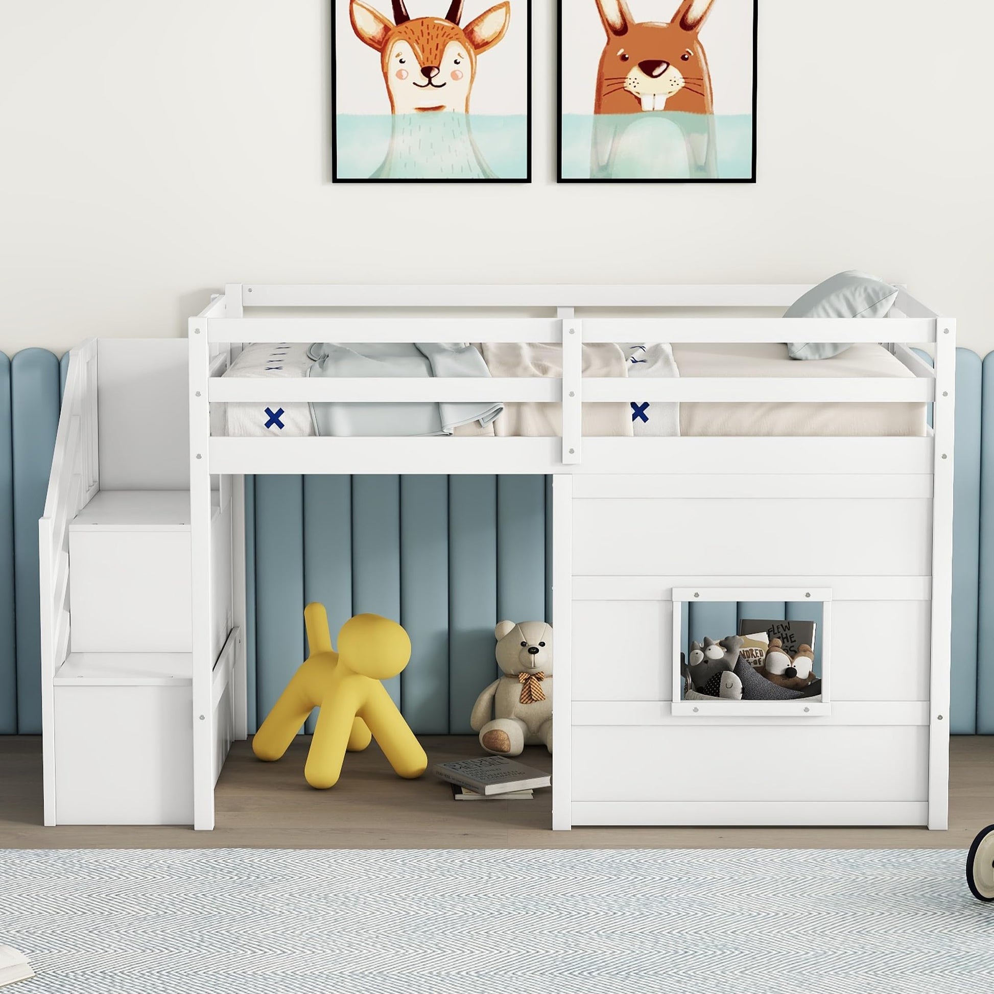 Harper & Bright Designs Twin Size Low Loft Bed with Playhouse and Storage Stairs in White - WoodArtSupply