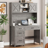 Farmhouse 67" H Executive Desk with Hutch, 4 Drawers and LED Light, Computer Desk with Storage Cabinet & File Drawers and Charging Station, Workstation for Home Office and Study. Befrases