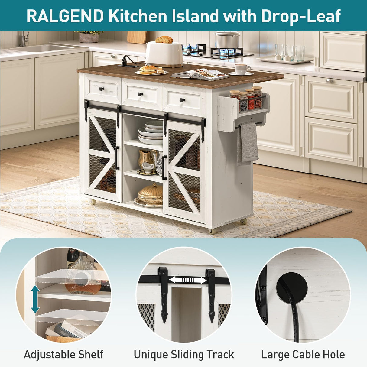 RALGEND Kitchen Island with Storage, Kitchen Cart with Charging Station, Rolling Kitchen Island Table with Drop-Leaf, 3 Drawers, Barn Doors, Towel Rack and Spice Rack, White and Walnut RALGEND