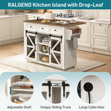 RALGEND Kitchen Island with Storage, Kitchen Cart with Charging Station, Rolling Kitchen Island Table with Drop-Leaf, 3 Drawers, Barn Doors, Towel Rack and Spice Rack, White and Walnut RALGEND