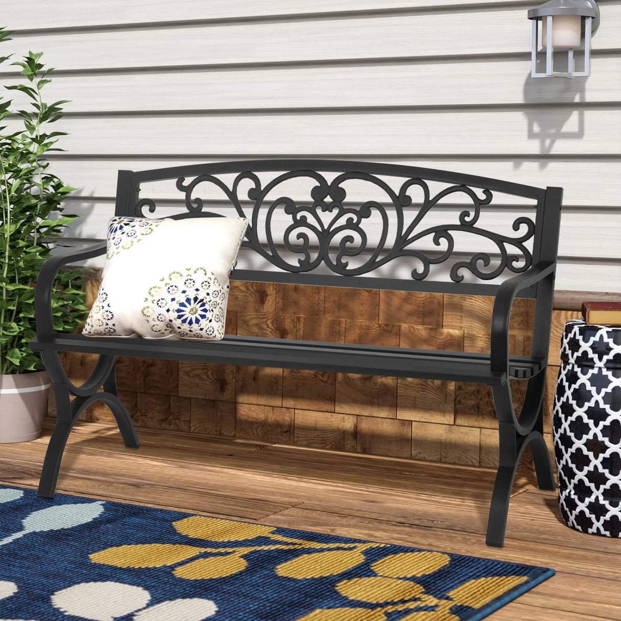 FDW Patio Garden Bench 50 inch Outdoor Metal Loveseat Chairs with Armrests Slatted Seat and w/Floral Design Backrest for Park, Yard, Porch, Lawn, Balcony, Backyard, Black FDW