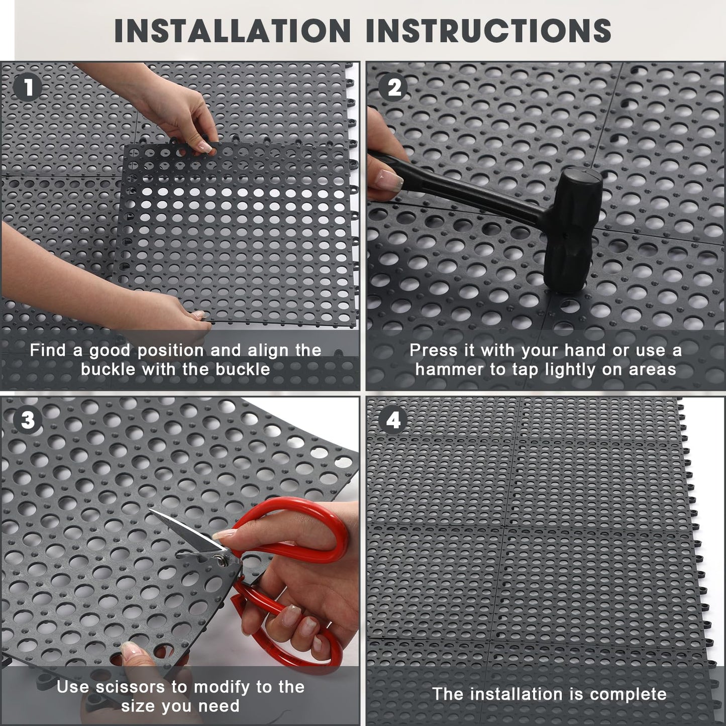 Drydiet 12 Pack Drainage Tiles Modular Interlocking Floor Tiles with 1 Pc Plastic Hammer 12" x 12" Cushion Mat Non Slip Rubber Floor Tiles with Holes for Pool Bathroom Deck Kitchen Patio (Black)