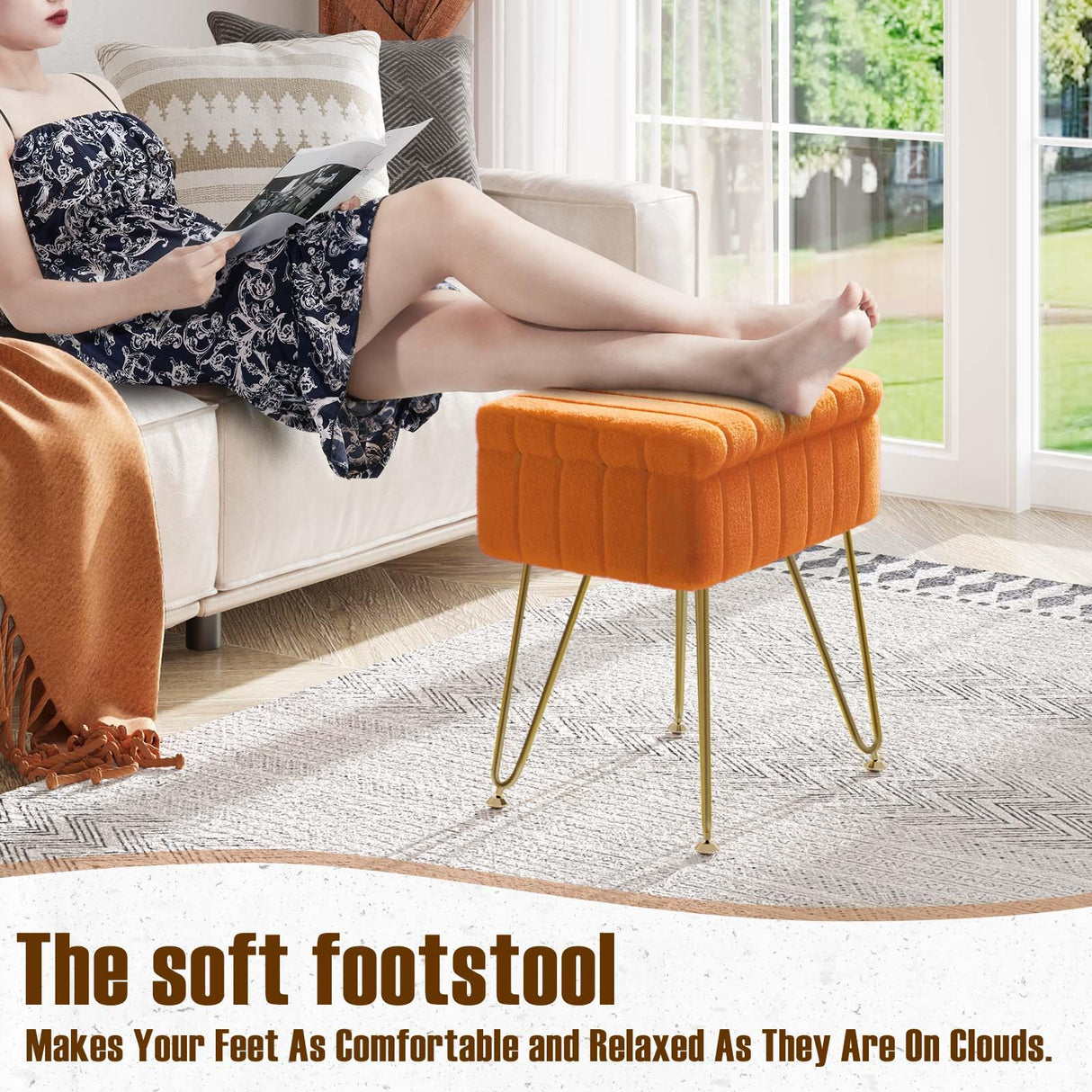 Greenstell Vanity Stool Chair Faux Fur with Storage, 15.7"L x 11.8"W x 19.4"H Soft Ottoman 4 Metal Legs with Anti-Slip Feet, Furry Padded Seat, Modern Multifunctional Chairs for Makeup, Bedroom,Orange GREENSTELL
