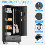 SUXXAN Broom Closet with Wheels 71"x 31.5"x15.75", Metal Cleaning Cabinets with Drawer Hooks and Hanging Rods, Lockable Cabinet with Pegboard, Adjustable Shelf,for Garage, Laundry Room SUXXAN