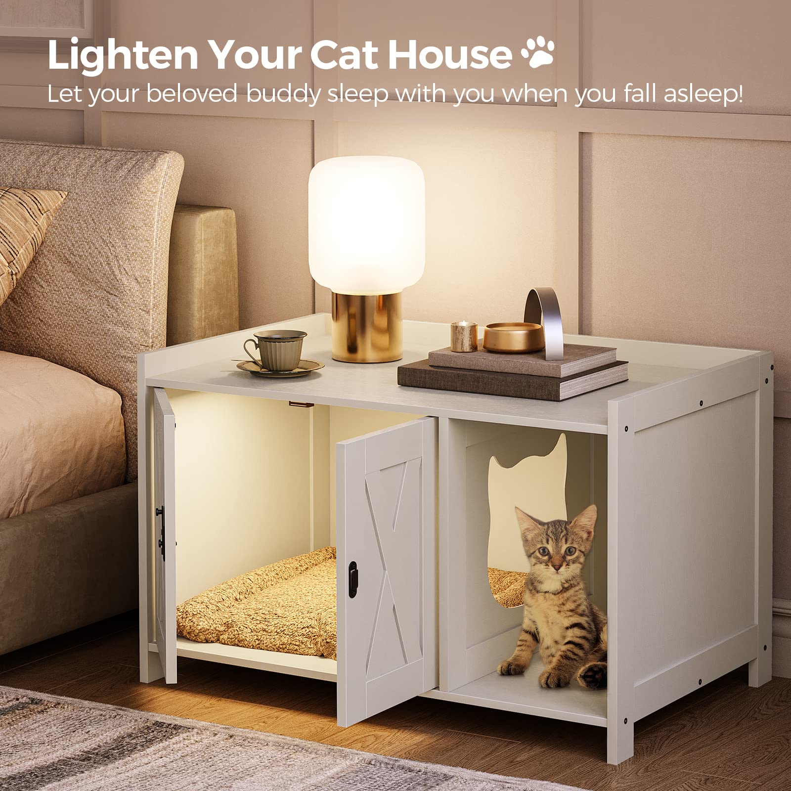 MAHANCRIS Cat Litter Box Enclosure, Hidden Litter Box Furniture with Divider, Wooden Cat Washroom Storage Cabinet Bench, Indoor Cat House as Table Nightstand, for Living Room, Bedroom, White  - WoodArtSupply