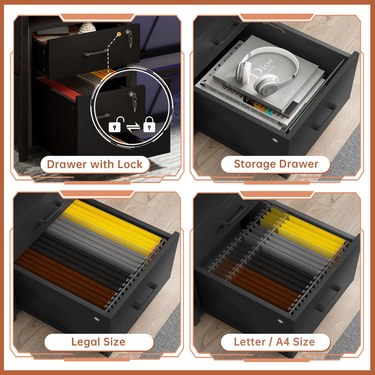 SEDETA 63" Computer Desk, Office Desk with Lockable Drawers for Legal/Letter File, Gaming Desk with LED Lights & Power Outlet, Home Office Desks with Storage, Black SEDETA