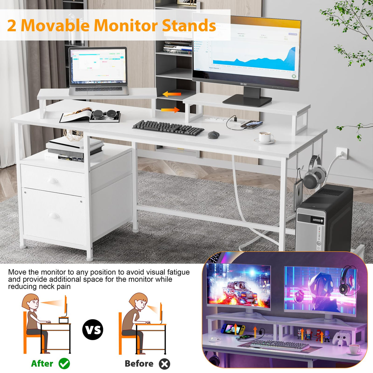 Furologee White Computer Desk with Drawer and Power Outlets, 55" Large Gaming Desk with Fabric File Cabinet and 2 Movable Monitor Shelves, Writing Table with CPU Stand and 2 Hooks for Home Office Furologee